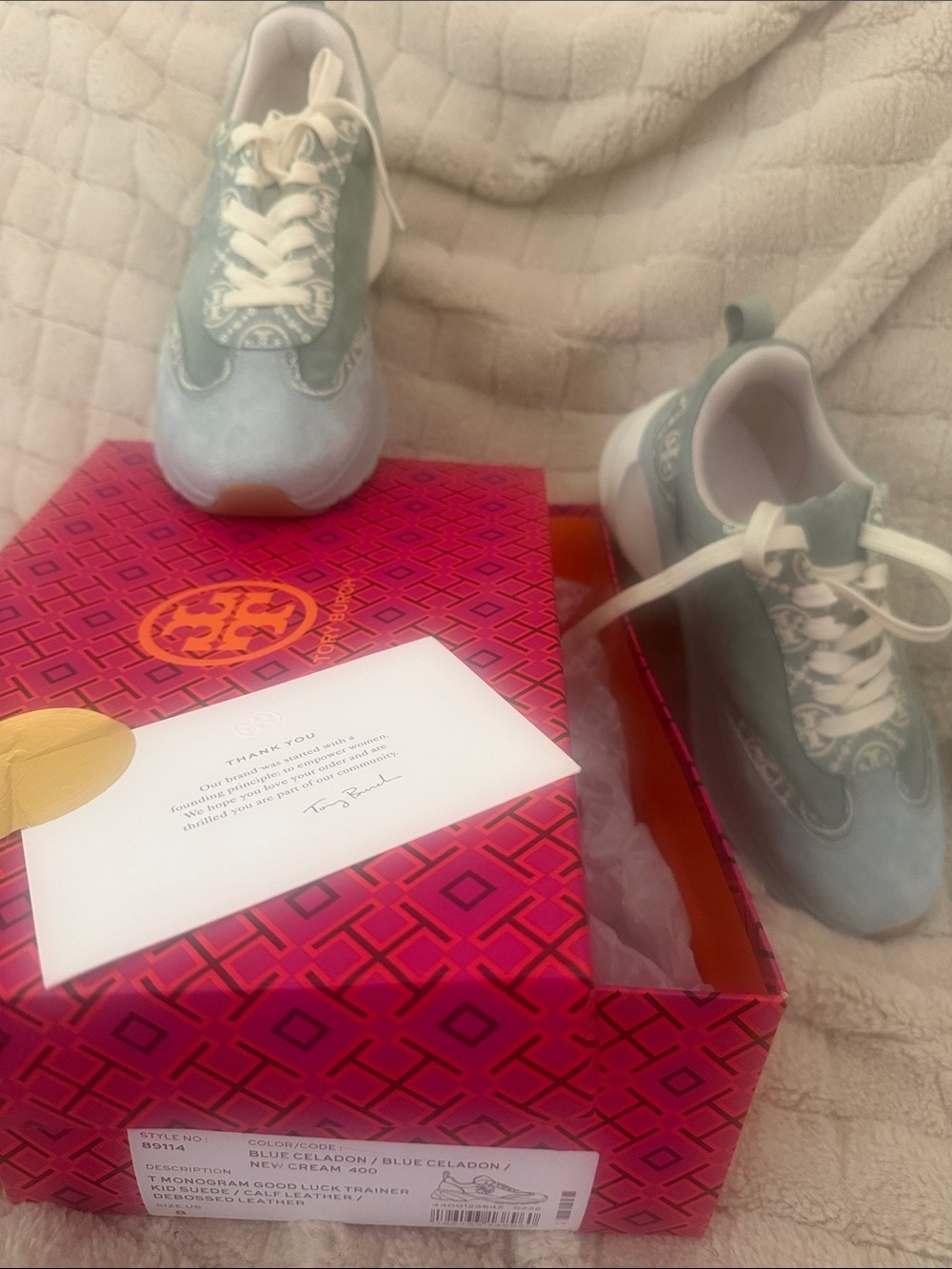 Tory Burch Celadon Athletic Sneakers with Cream Laces—like new!